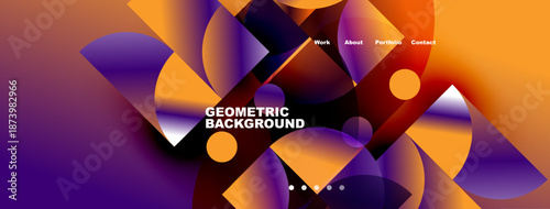 Abstract geometric background features vibrant orange, purple hues. Navigation includes work, about, portfolio, contact options. Modern design.