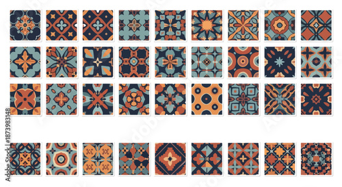 A collection of colorful abstract backgrounds with islamic geometric ornaments, arranged in rows on a white surface with a vibrant and intricate design.