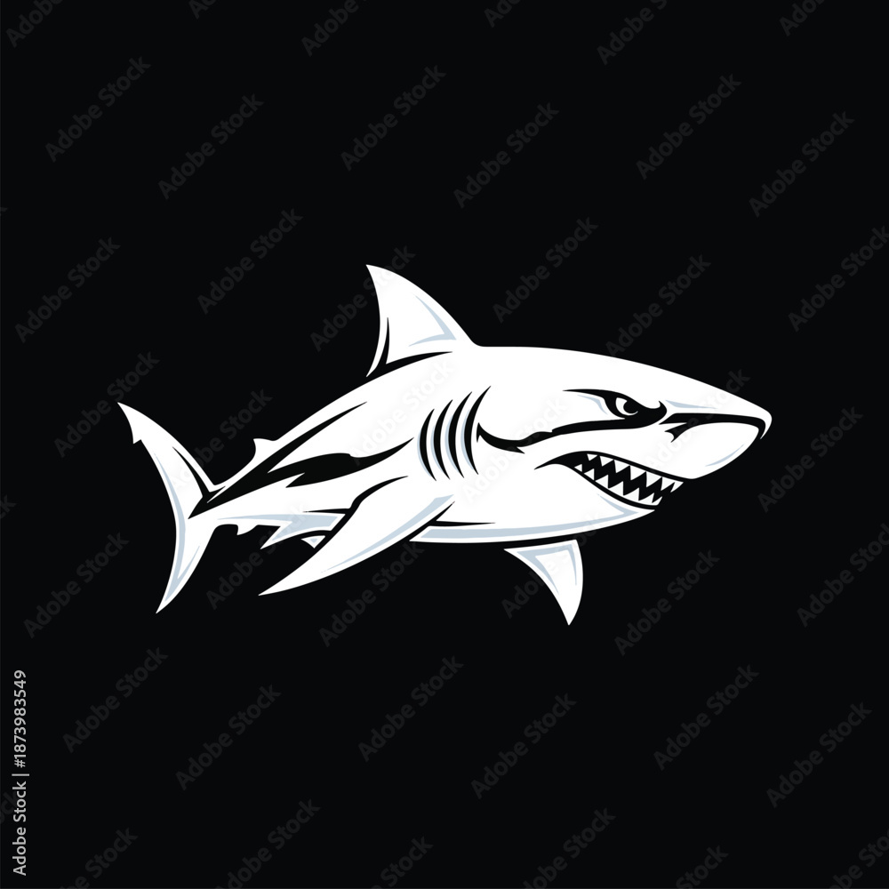 Fototapeta premium Striking White Shark Illustration on Black Background - A Bold Marine Design.