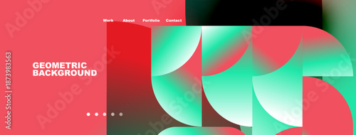 Modern website header design. Vibrant geometric shapes, pink background, navigation menu present. Clean, stylish presentation.