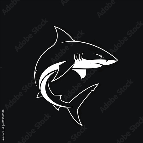 Striking White Shark Illustration on Black Background - A Powerful Marine Predator.