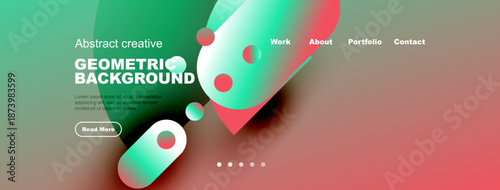 Modern website mockup features vibrant geometric shapes, text overlay, navigation menu. Clean design, appealing color scheme.