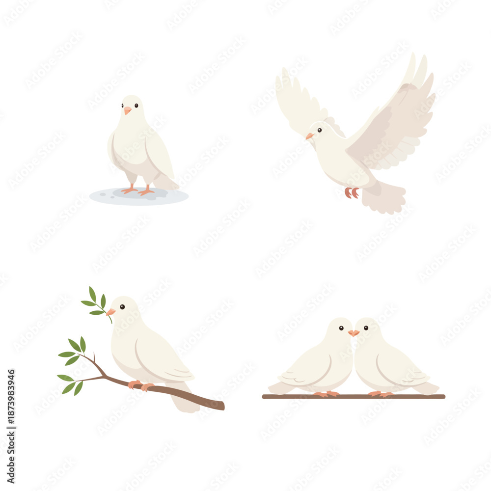 Obraz premium Set of white doves flying, perching, and holding olive branches, symbolizing peace and hope
