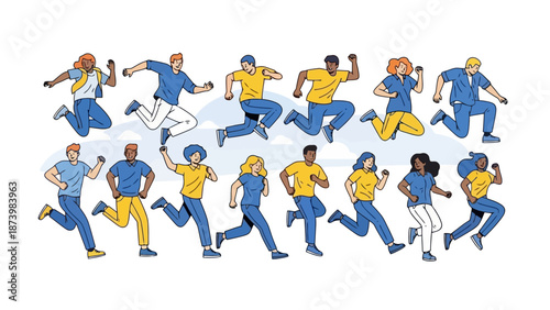 A diverse group of people in athletic wear running and jumping in a dynamic illustration.