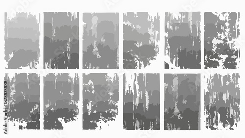 A collection of twelve distressed grunge texture overlays with a monochromatic gray color palette.