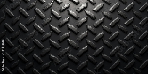 Seamless dark industrial design featuring a black carbon fiber pattern and textured metallic steel plate surface for a modern gray iron grid wallpaper material