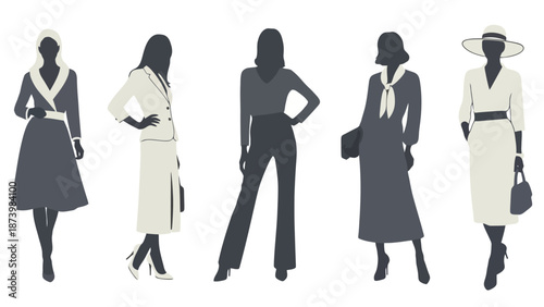 Silhouettes of five women in elegant vintage fashion, showcasing diverse styles and silhouettes from different eras.