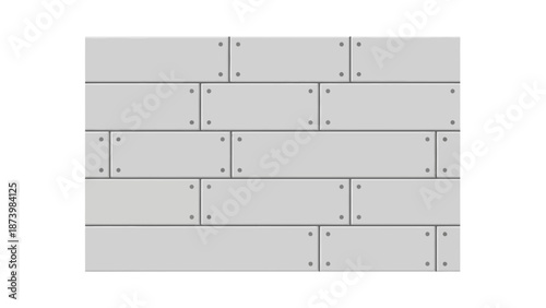 A seamless pattern of light gray rectangular metal plates with visible rivets, arranged like bricks on a white background.