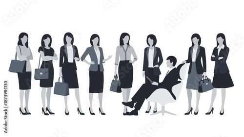 A group of business professionals, including one man seated in a chair, surrounded by women in formal attire.