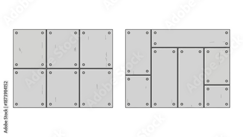 Two arrangements of gray metal plates with visible screws, one in a 2x4 grid and the other in a mixed pattern.