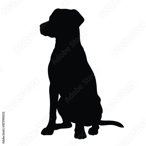 A silhouette of a dog facing right