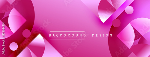 Abstract pink design. Smooth gradients create flowing shapes, circles, triangles. Modern aesthetic, suitable for banners or backgrounds.