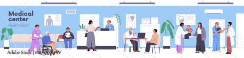 Horizontal banner of medical center, clinic. Patients waiting in hospital hall, visiting doctor office for healthcare appointment. Health checkup, consultation and treatment. Flat vector illustration