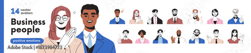 Happy, smiling business people avatars set. Head portraits of cheerful, friendly employees. Male, female office workers with positive expressions. Flat vector illustration isolated on white background