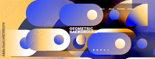 Abstract geometric background. Blue, yellow hues dominate design. Navigation menu present work, about, portfolio, contact. Modern aesthetic.