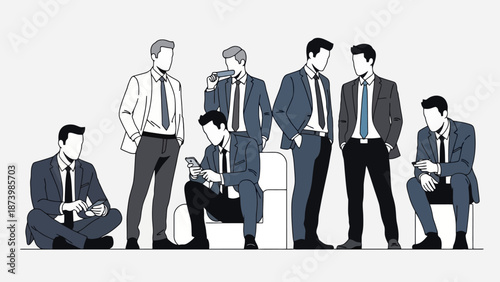 A group of businessmen in suits are depicted in a minimalist, line-art style, some standing, some sitting, engaged with their phones.