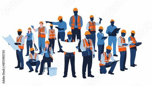 A diverse group of construction workers and engineers gathered together, some holding blueprints and plans, ready for a project.