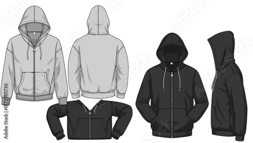 Collection of flat fashion design sketches of zip-up hoodies in grey and black, showcasing front, back, and side views.