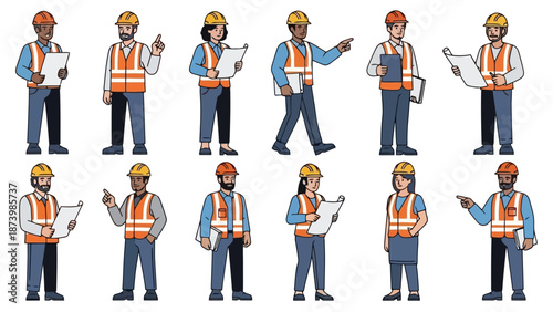 A diverse group of construction workers in hard hats and safety vests, holding blueprints and pointing, illustrating various roles in a building project.