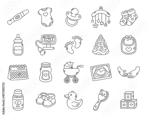 Pregnancy maternity newborn essentials set in outline line art featuring baby care items nursery parenthood timeline toys feeding hygiene mobility ultrasound