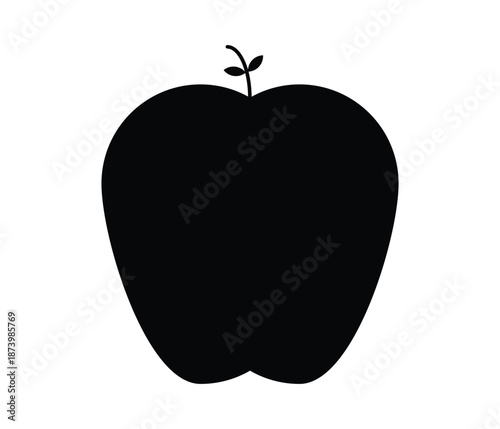 Black silhouette of an apple with a stem and leaf on top