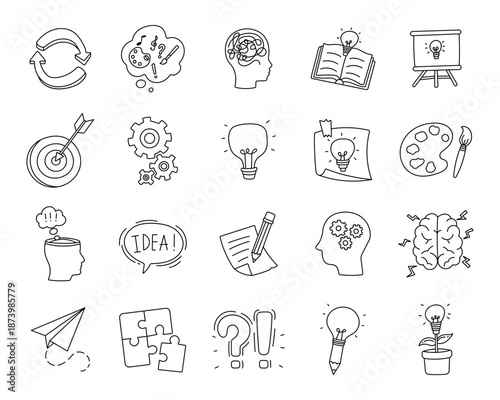 Creative thinking set in outline line art showing problem solving learning inspiration planning analysis through symbols for education and cognition visuals communication growth knowledge