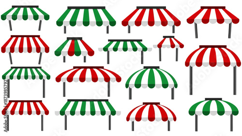 A collection of various striped awnings in red and green, displayed in a grid pattern against a white background.