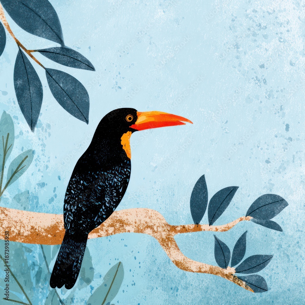 Fototapeta premium Colorful toucan perched on a branch against a blue sky