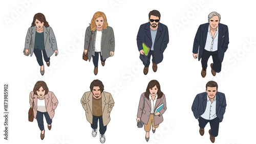 Top-down view of eight diverse individuals, showcasing a variety of casual and business casual attire, presented against a clean white background.