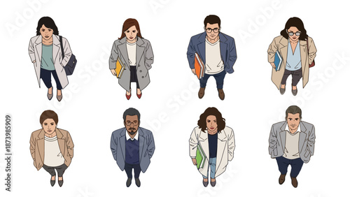 Top-down view of eight diverse professionals standing and looking upwards, showcasing business attire and casual outfits.