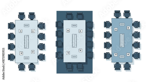 Three different conference table arrangements with chairs around them, viewed from above.