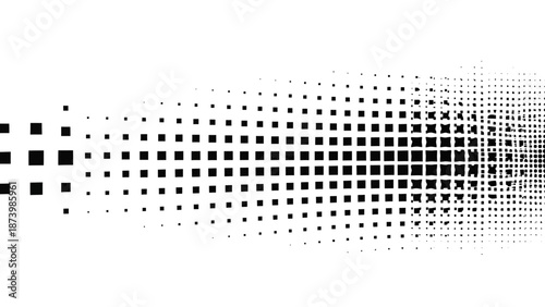 Abstract pattern of black squares gradually decreasing in size and density, creating a sense of fading or diffusion against a white background.