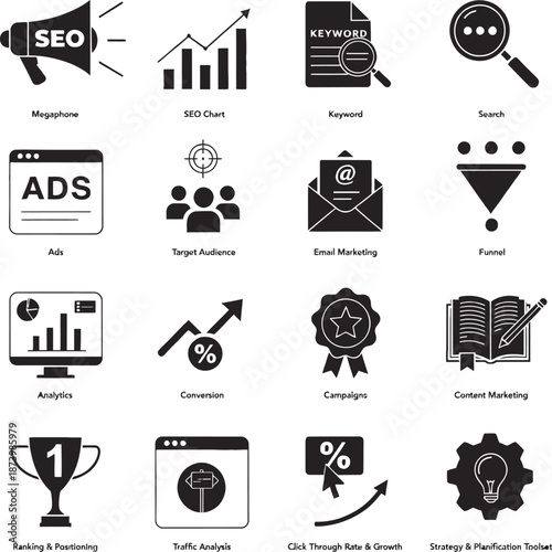 Black digital marketing icons set illustrating SEO, advertising, analytics, conversion, content strategy, and growth tools.