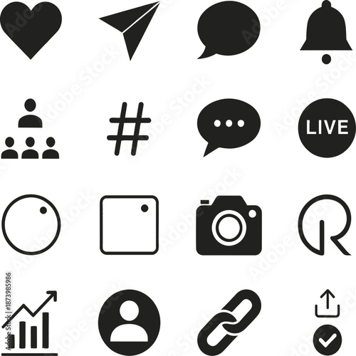 Black social media icons showing likes, sharing, messaging, analytics, content creation, engagement, and interaction tools.
