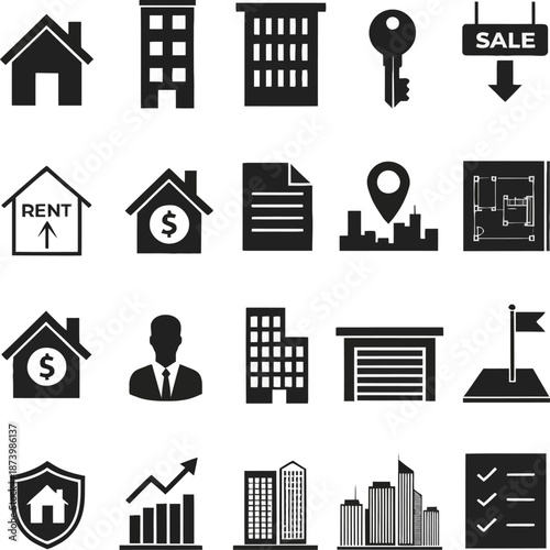 Set of real estate and property icons illustrating housing, buildings, rent, sale, investment, development, and urban concepts.