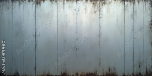 An abstract grunge metal surface reflects the blue sky and autumn trees like a dirty lake landscape