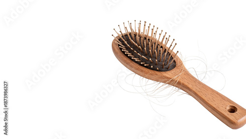 Obraz na plátně Wooden hairbrush with strands of hair  isolated on transparent background cut ou