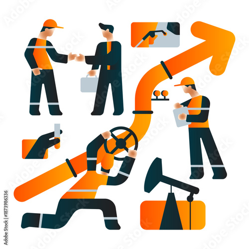 Stylized illustration of the oil and gas industry showing extraction, transportation, and business collaboration.