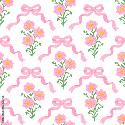 Preppy coquette seamless pattern with pink bow ribbon and bouquet of flowers. Floral elegance damask background. Spring or summer season