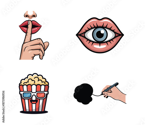 Cartoon movie and cinema icons with hand gestures