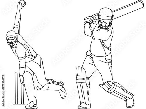 Cricket Players Action Sketch, Batsman And Bowler Sport Illustration