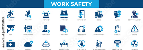 Work safety icon set collection in solid glyph style, goggles, hard hat, engineer, exit, first aid, glove, and an icon pack containing safety.