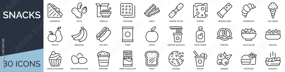 Ταπετσαρία Set of 30 outline icons related to snacks