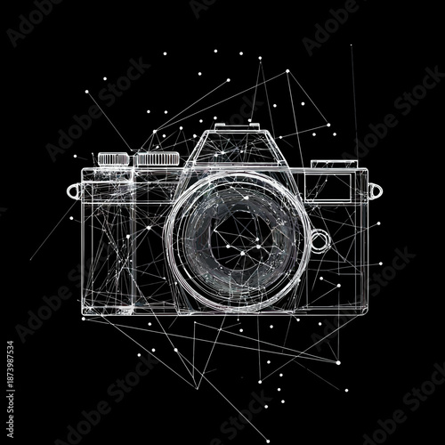 Abstract wireframe DSLR camera illustration with polygonal mesh and geometric dot connections on black background digital technology concept vector art