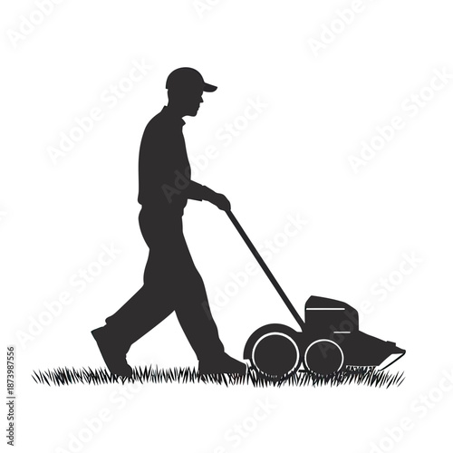 Silhouette of man walking and pushing lawn mower cutting grass in minimal flat vector style outdoor gardening concept