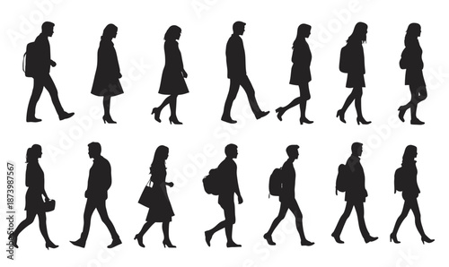Set of diverse black silhouettes of people walking, standing, casual urban lifestyle figures with backpacks and bags in minimalist flat vector style for design use