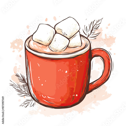 Red ceramic mug filled with hot chocolate topped with marshmallows and decorative pine branches hand drawn sketch illustration for winter holidays and cozy beverage concept vector design