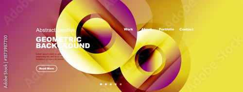 Abstract website mockup. Vibrant geometric shapes, text elements, navigation menu present. Modern design, warm color scheme.