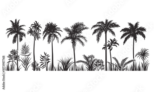 Black and white minimalist vector illustration of tropical palm trees, assorted ferns, grass, and fronds in a seamless horizontal pattern design for tropical nature background or decor