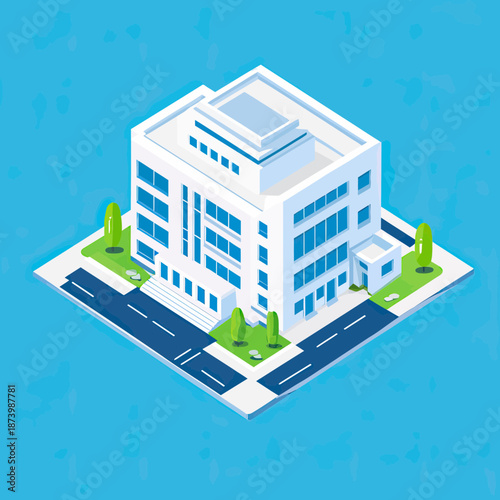 Isometric modern white multi story clinic building with entrance stairs trees and surrounding roads in flat minimalist style vector illustration